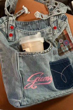 Retro Blue Rivet Patch Denim Messenger Bag