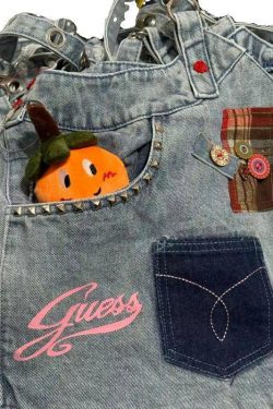 Retro Blue Rivet Patch Denim Messenger Bag