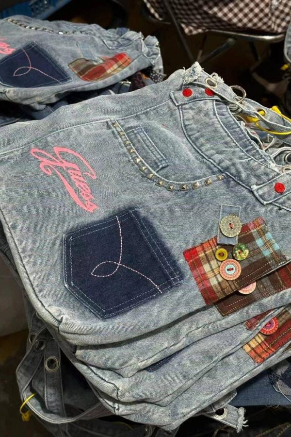 Retro Blue Rivet Patch Denim Messenger Bag