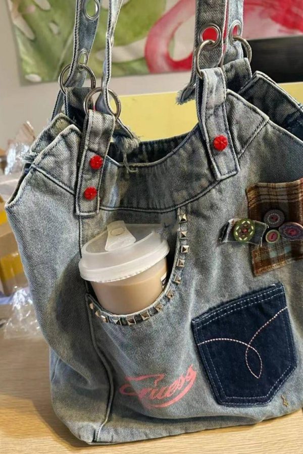 Retro Blue Rivet Patch Denim Messenger Bag