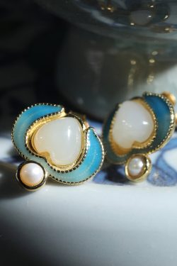 Retro Blue Sterling Silver Overgild Jade Pearl Stud Earrings