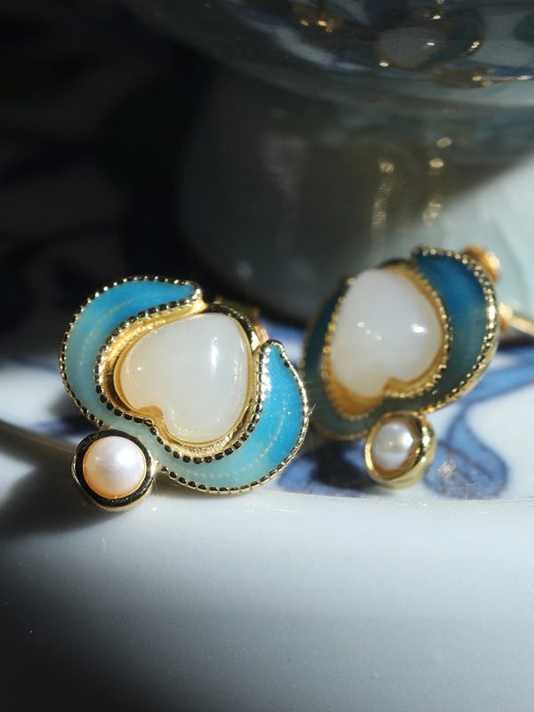 Retro Blue Sterling Silver Overgild Jade Pearl Stud Earrings