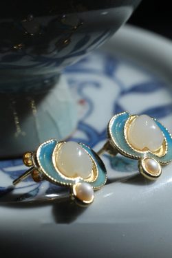 Retro Blue Sterling Silver Overgild Jade Pearl Stud Earrings