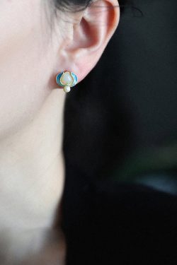 Retro Blue Sterling Silver Overgild Jade Pearl Stud Earrings