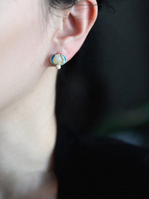 Retro Blue Sterling Silver Overgild Jade Pearl Stud Earrings