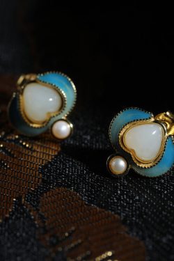 Retro Blue Sterling Silver Overgild Jade Pearl Stud Earrings