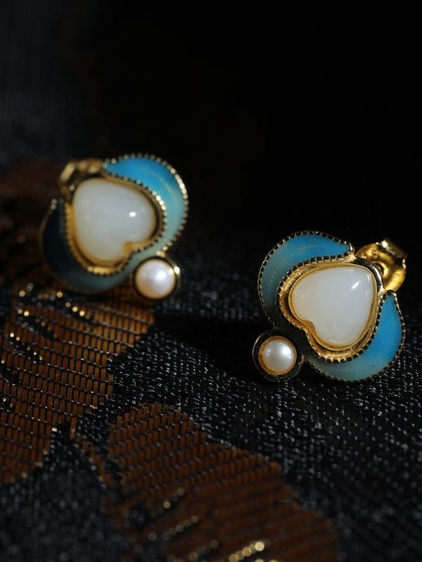 Retro Blue Sterling Silver Overgild Jade Pearl Stud Earrings