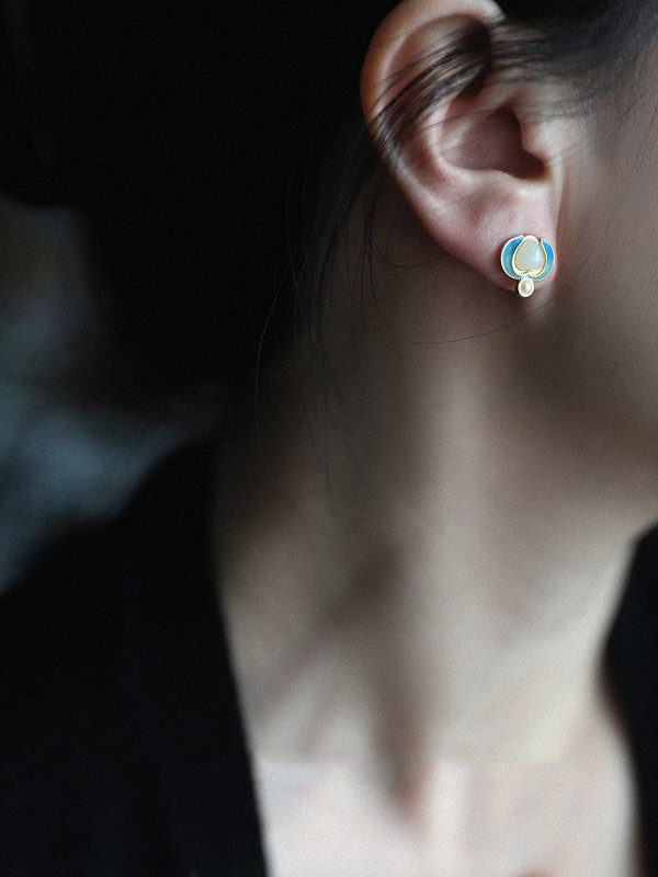 Retro Blue Sterling Silver Overgild Jade Pearl Stud Earrings