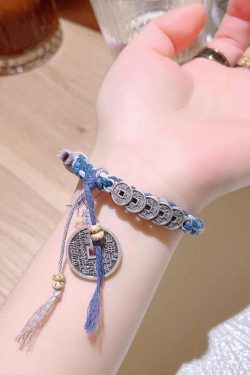 Retro Blue Sterling Silver Weave Five Emperor Coins Charm Bracelet