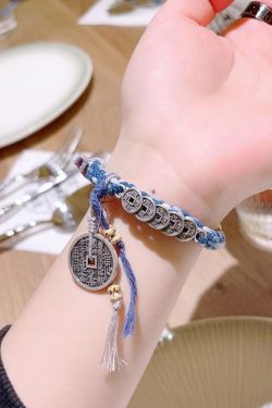 Retro Blue Sterling Silver Weave Five Emperor Coins Charm Bracelet