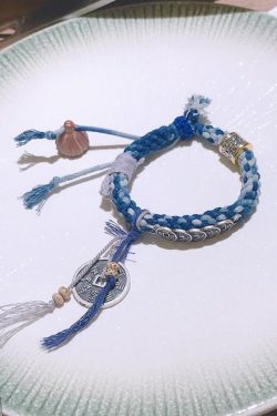 Retro Blue Sterling Silver Weave Five Emperor Coins Charm Bracelet