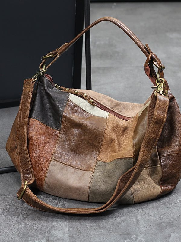 Retro Brown Asymmetrical Patchwork Denim Calf Leather Messenger Bag