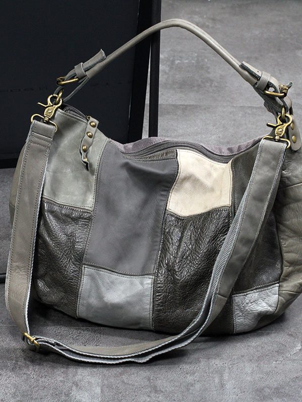 Retro Brown Asymmetrical Patchwork Denim Calf Leather Messenger Bag