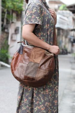 Retro Brown Asymmetrical Patchwork Denim Calf Leather Messenger Bag