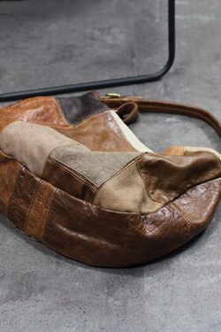 Retro Brown Asymmetrical Patchwork Denim Calf Leather Messenger Bag