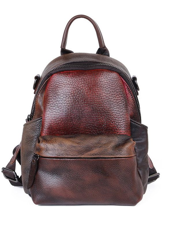 Retro Brown Color contrast Paitings Calf Leather Backpack Bag