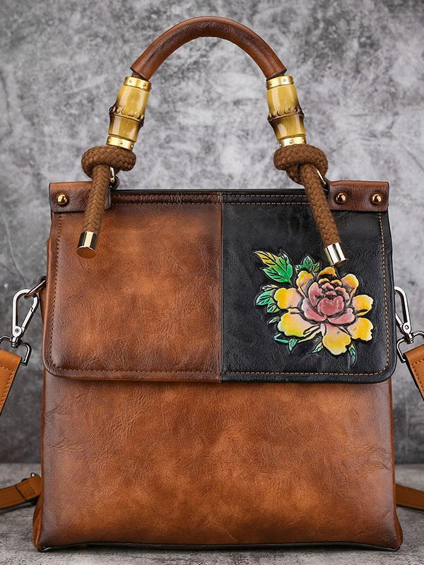 Retro Brown Embossed Large Capacity Faux Leather Tote Handbag