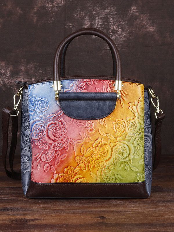 Retro Brown Embossing Paitings Calf Leather Messenger Bag