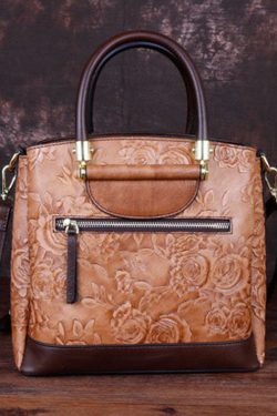 Retro Brown Embossing Paitings Calf Leather Messenger Bag