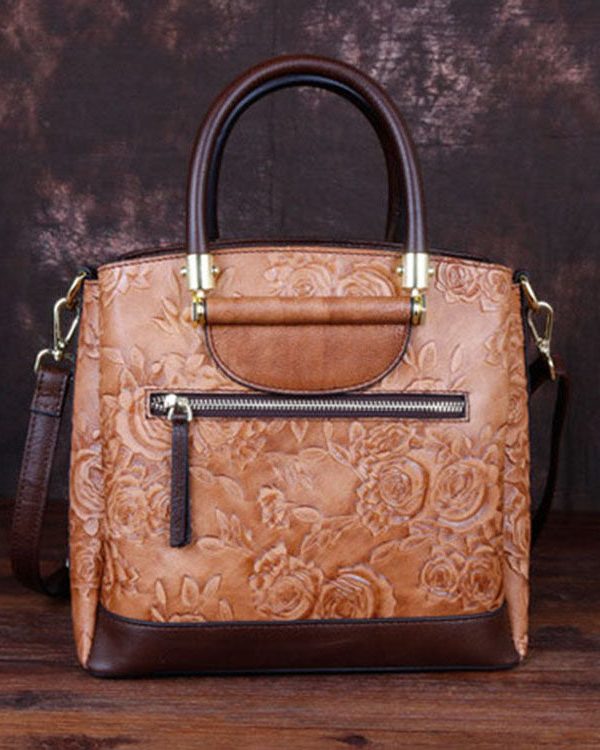 Retro Brown Embossing Paitings Calf Leather Messenger Bag