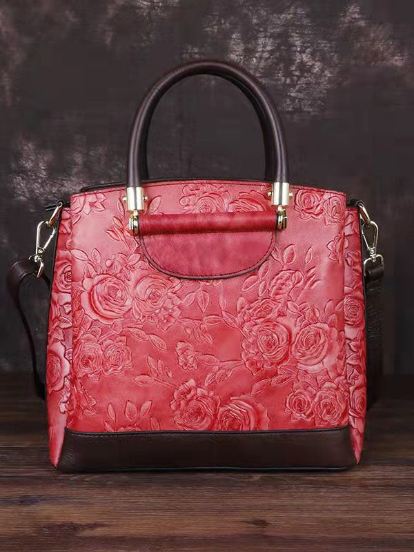 Retro Brown Embossing Paitings Calf Leather Messenger Bag