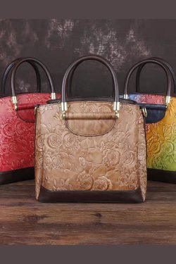 Retro Brown Embossing Paitings Calf Leather Messenger Bag