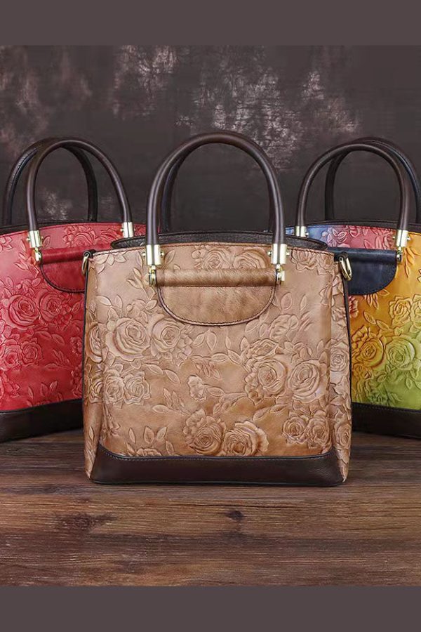 Retro Brown Embossing Paitings Calf Leather Messenger Bag