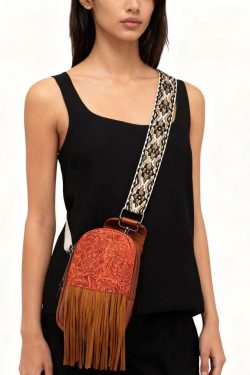 Retro Brown Tasseled Patchwork Embossing Faux Leather Mini Handbag