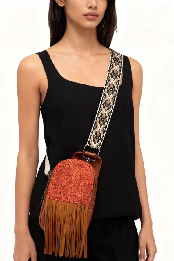 Retro Brown Tasseled Patchwork Embossing Faux Leather Mini Handbag