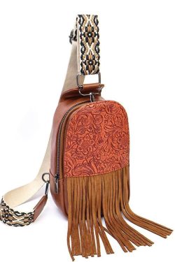 Retro Brown Tasseled Patchwork Embossing Faux Leather Mini Handbag