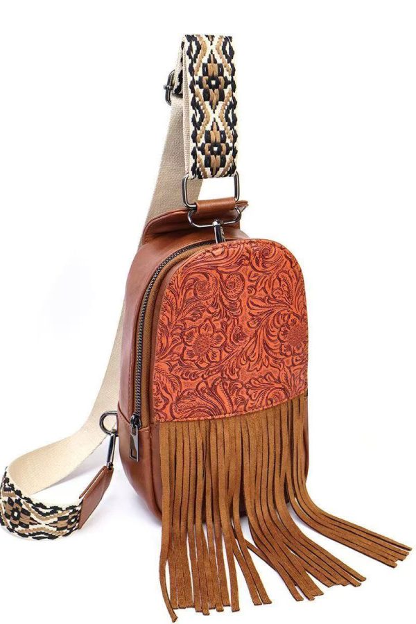 Retro Brown Tasseled Patchwork Embossing Faux Leather Mini Handbag