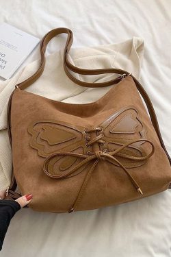 Retro Coffee Butterfly Lace Up Faux Suede Messenger Bag