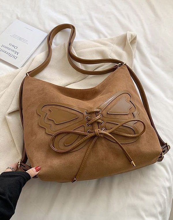 Retro Coffee Butterfly Lace Up Faux Suede Messenger Bag