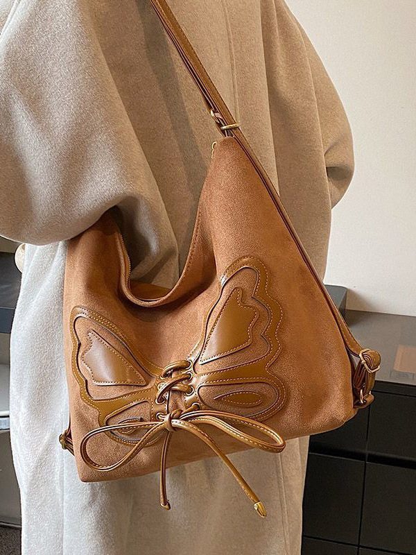 Retro Coffee Butterfly Lace Up Faux Suede Messenger Bag
