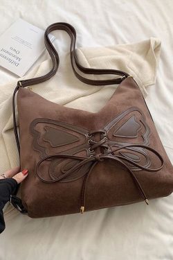 Retro Coffee Butterfly Lace Up Faux Suede Messenger Bag