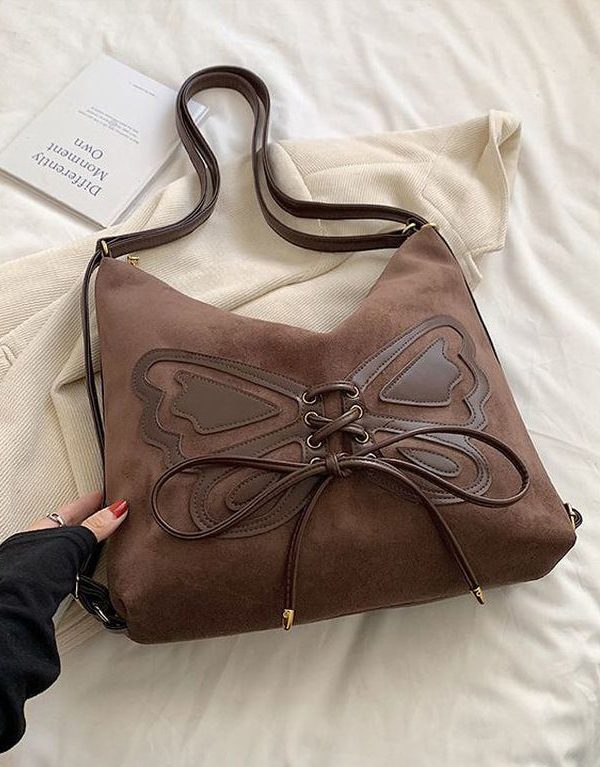Retro Coffee Butterfly Lace Up Faux Suede Messenger Bag