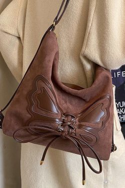 Retro Coffee Butterfly Lace Up Faux Suede Messenger Bag
