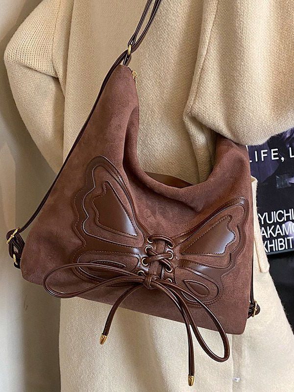 Retro Coffee Butterfly Lace Up Faux Suede Messenger Bag