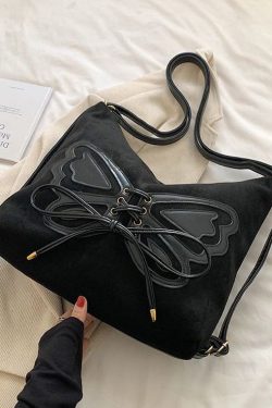 Retro Coffee Butterfly Lace Up Faux Suede Messenger Bag