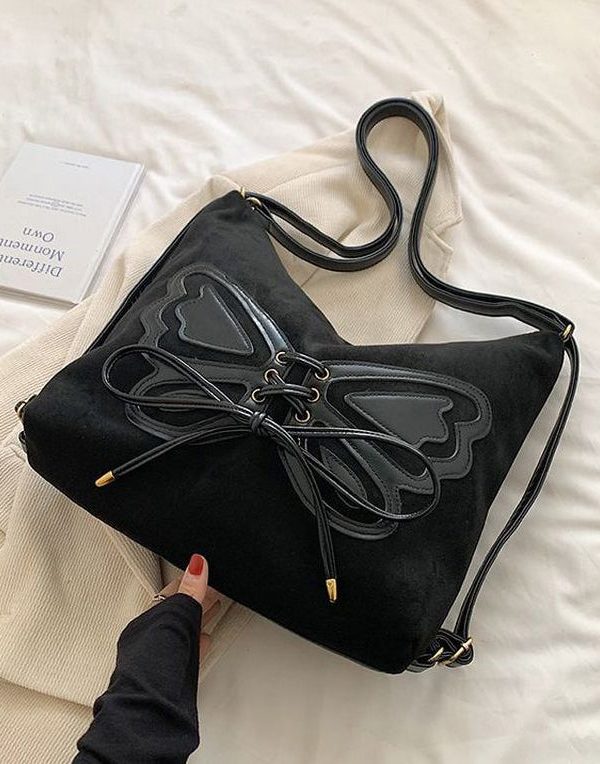 Retro Coffee Butterfly Lace Up Faux Suede Messenger Bag