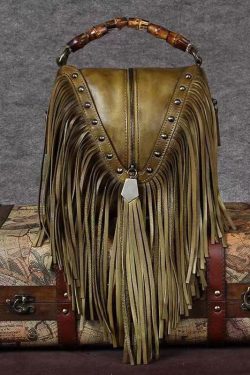 Retro Coffee Cowhide Tassel Rivet Shoulder Bag