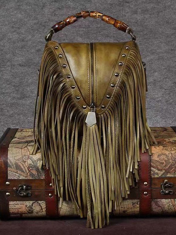 Retro Coffee Cowhide Tassel Rivet Shoulder Bag