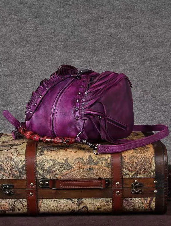 Retro Coffee Cowhide Tassel Rivet Shoulder Bag