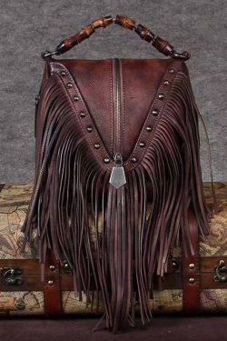 Retro Coffee Cowhide Tassel Rivet Shoulder Bag