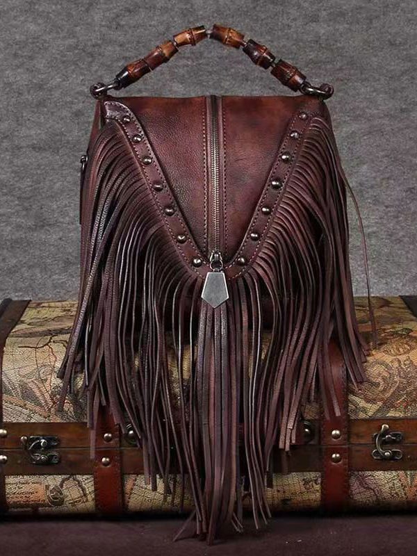 Retro Coffee Cowhide Tassel Rivet Shoulder Bag