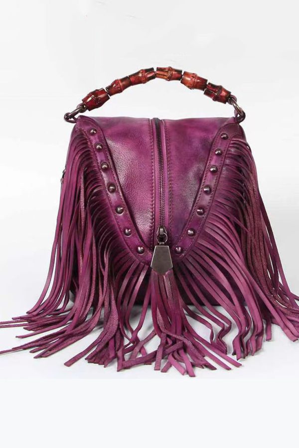Retro Coffee Cowhide Tassel Rivet Shoulder Bag