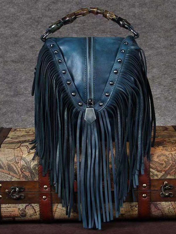 Retro Coffee Cowhide Tassel Rivet Shoulder Bag