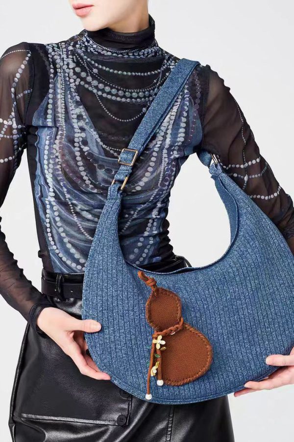 Retro Denim Blue Solid Durable Pendant Cotton Hobo Bag