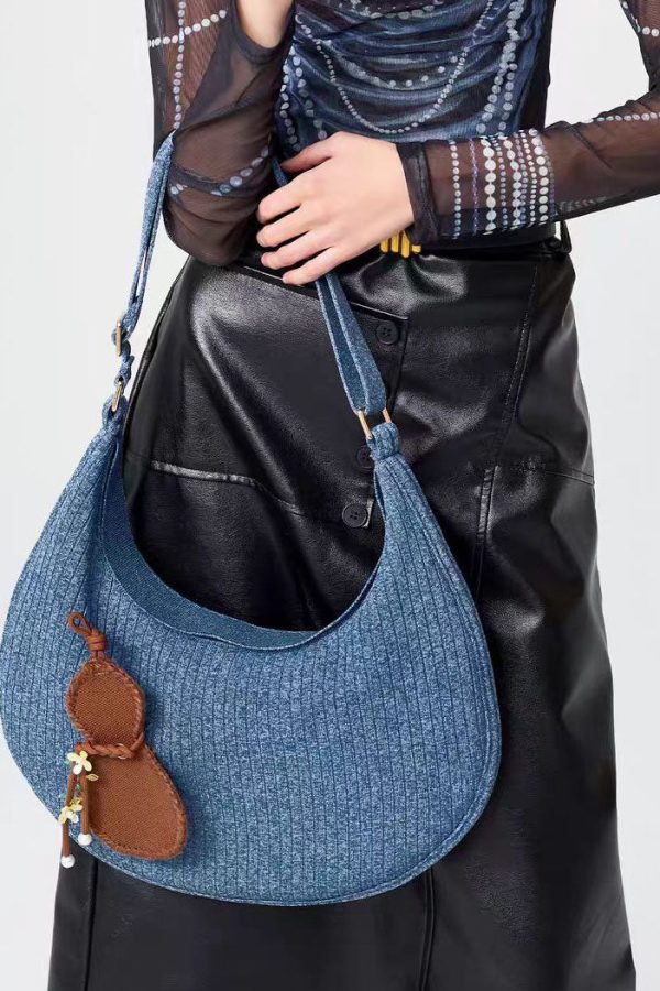 Retro Denim Blue Solid Durable Pendant Cotton Hobo Bag