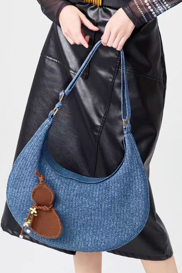 Retro Denim Blue Solid Durable Pendant Cotton Hobo Bag